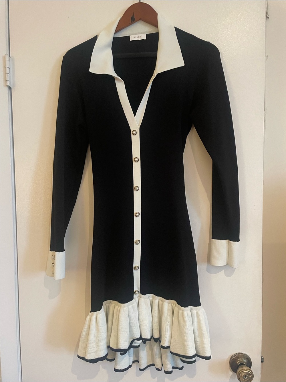 Meshki Black and Cream Long Sleeve Button-Front Ruffle Hem Dress - Picture 2 of 8